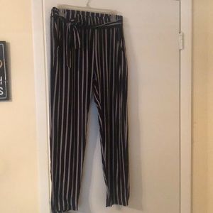 Black striped office pants with tie detail